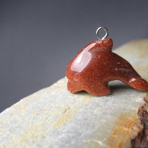 Goldstone Porpoise Charm, Carved Stone Dolphin - Picture 3 of 6